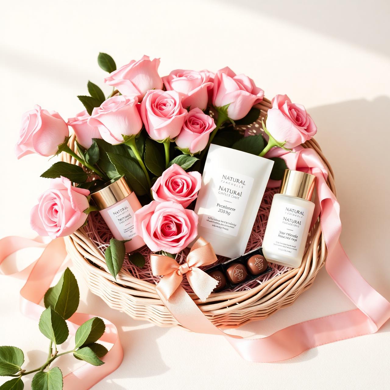 Cesta delicada de Dia das Mães com rosas, produtos Natura e chocolates